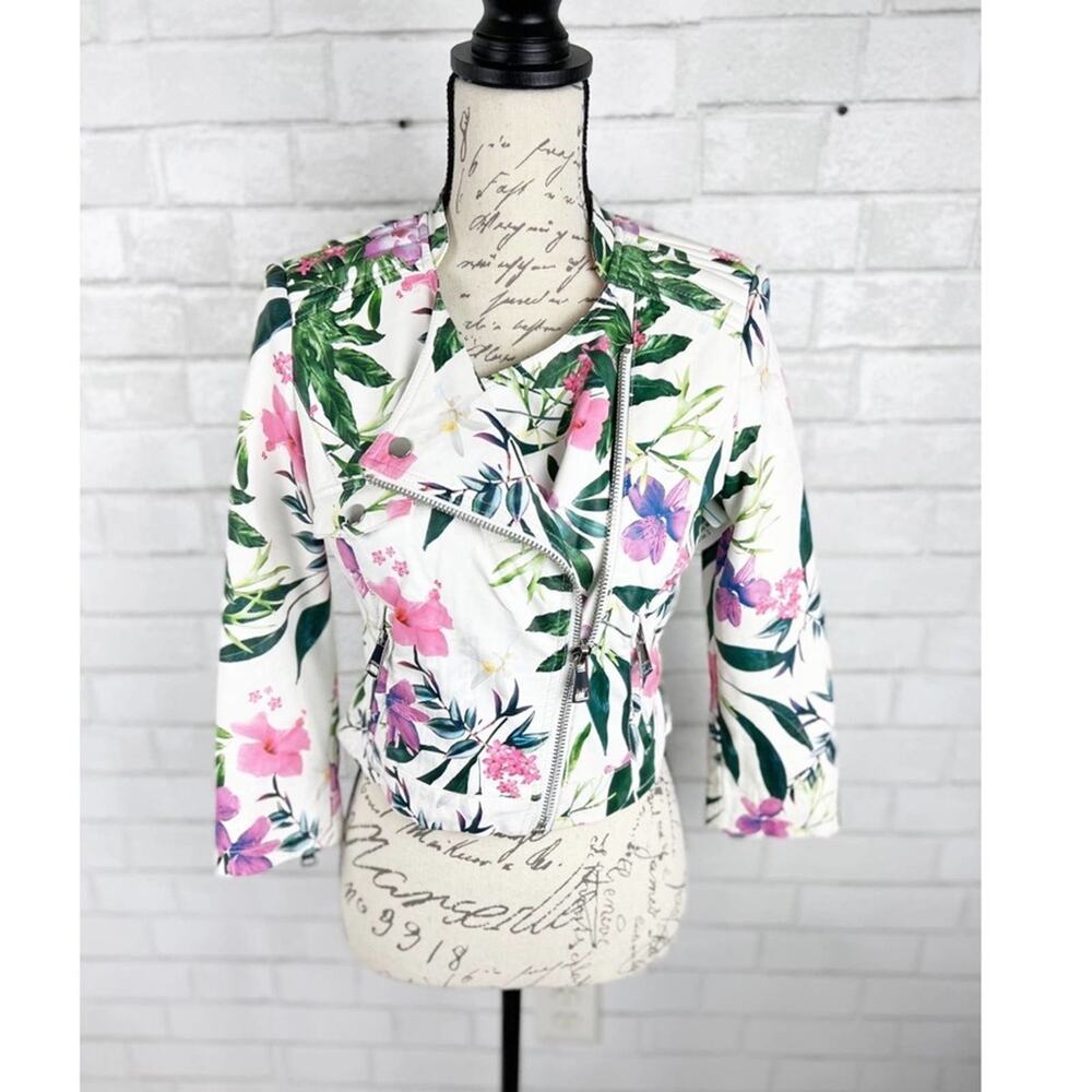 Guess Floral Print Moto Leather Zip Up Jacket‎ Size Small